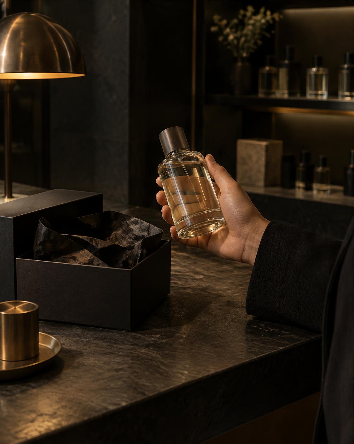 A hand holding a new perfume bottle at a dark boutique counter beside its gift box