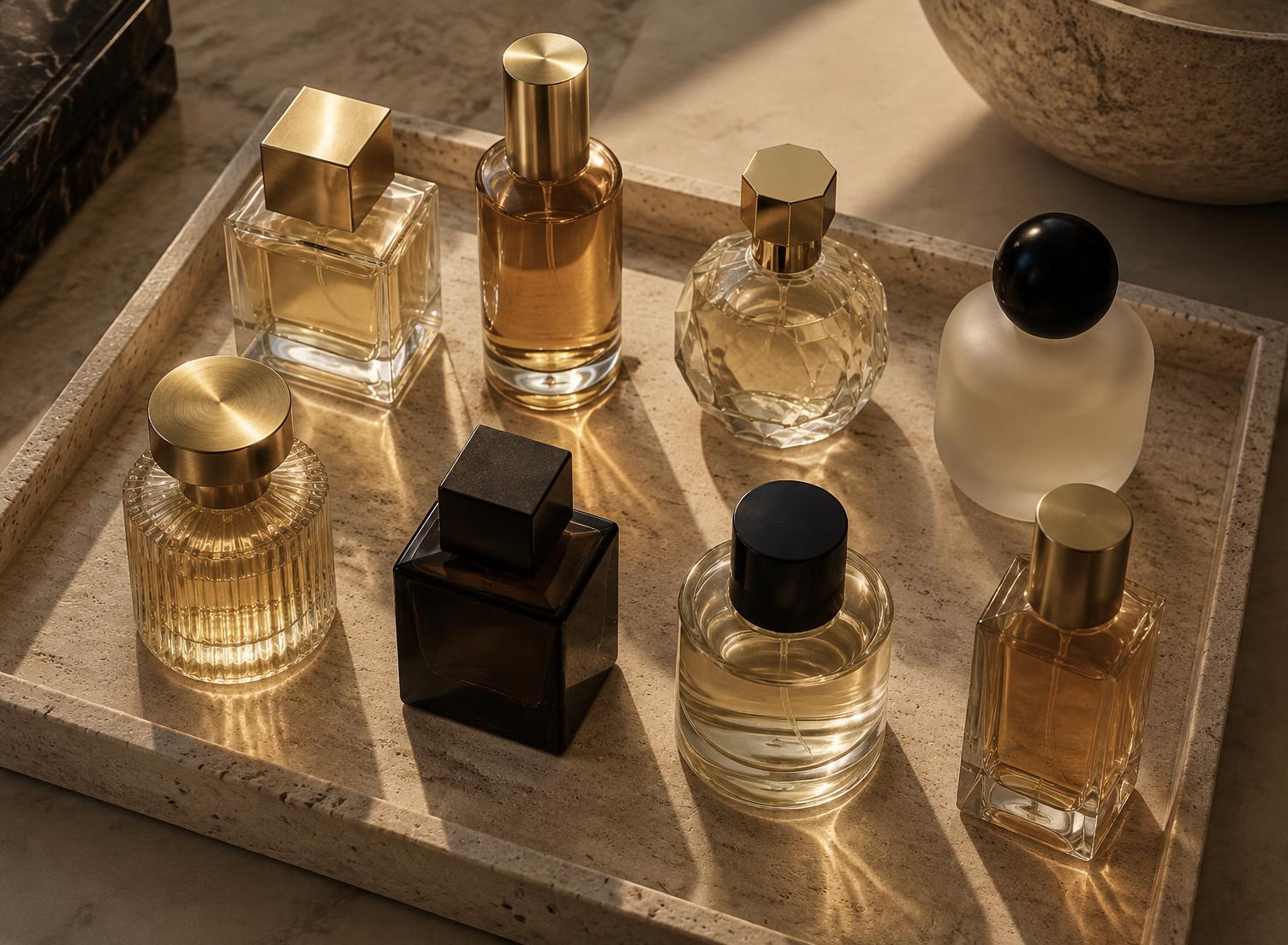 A travertine tray holding eight perfume bottles in warm afternoon light